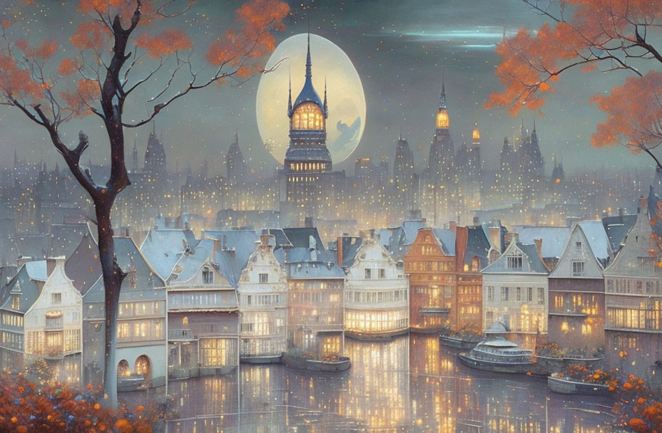 Night cityscape with glowing buildings, castle silhouette, autumn trees, river, and shooting star.