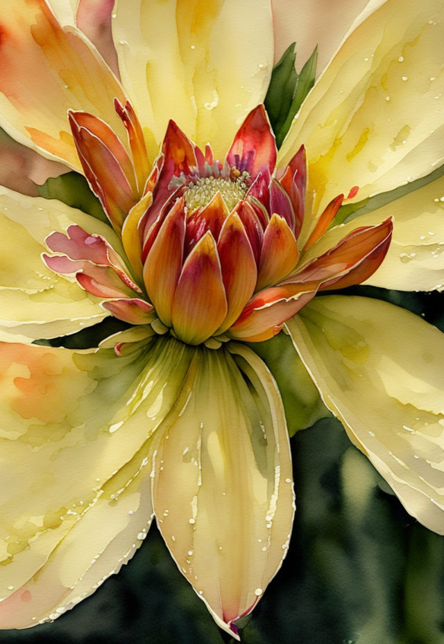 Yellow and Pink Watercolor Flower Painting with Dew Droplets