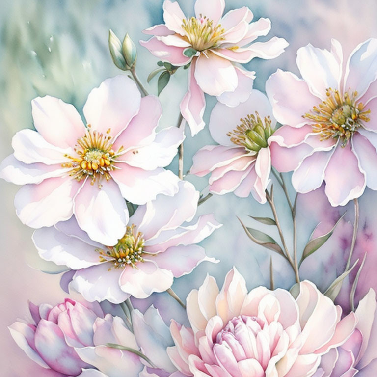 Delicate pink and white flowers in watercolor against blue and grey backdrop