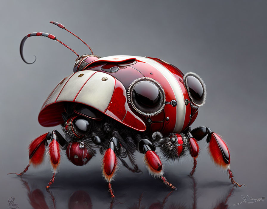 Realistic robotic ladybug insect with mechanical joints on gray background