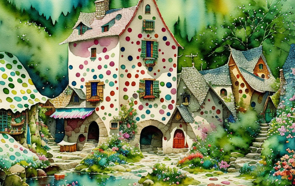 Whimsical watercolor painting of fairy tale village