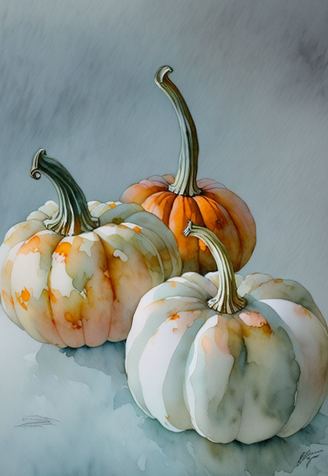 Vibrant watercolor pumpkins on textured grey background