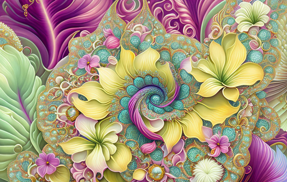 Colorful digital artwork: intricate swirling patterns, stylized flowers in purple, yellow, green.