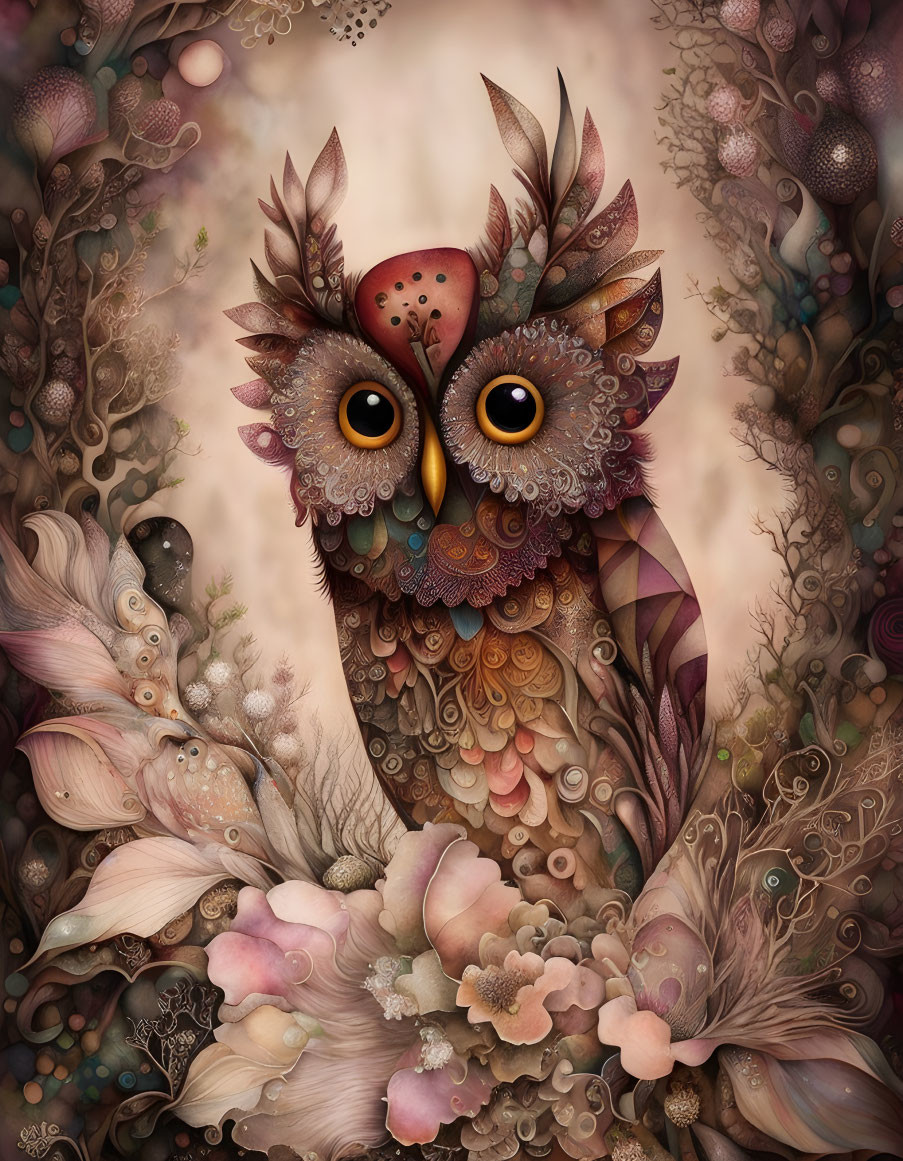 Detailed whimsical owl illustration with floral and feathery motifs in warm hues