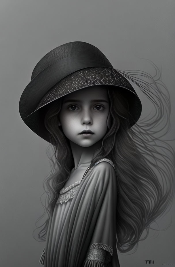 Monochrome portrait of girl in wide-brimmed hat and embellished dress