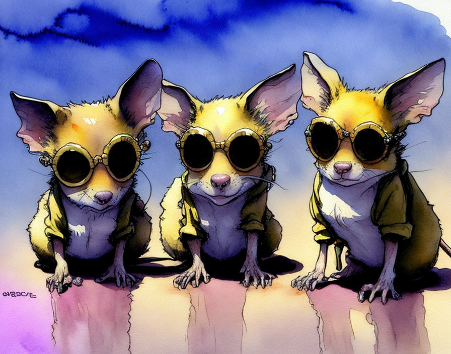 Stylized anthropomorphic chihuahuas with sunglasses on colorful watercolor background