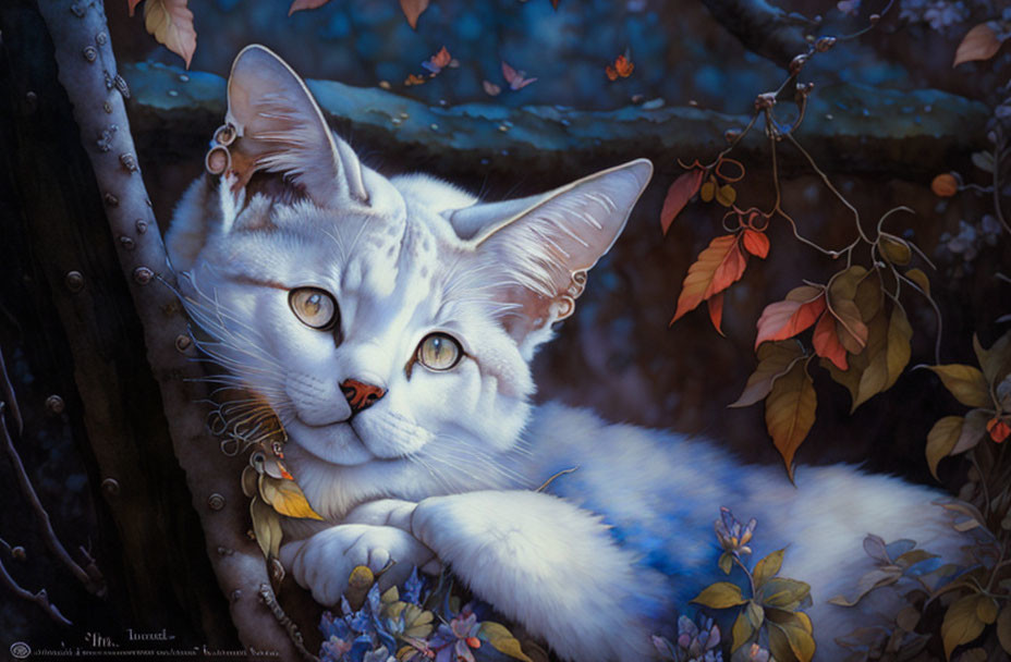 White Cat with Blue Fur Patches and Amber Eyes Resting on Autumn Branch