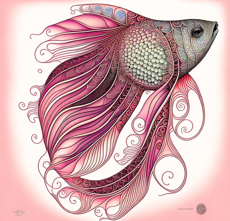 Stylized fish illustration with ornate pink patterns on pale background