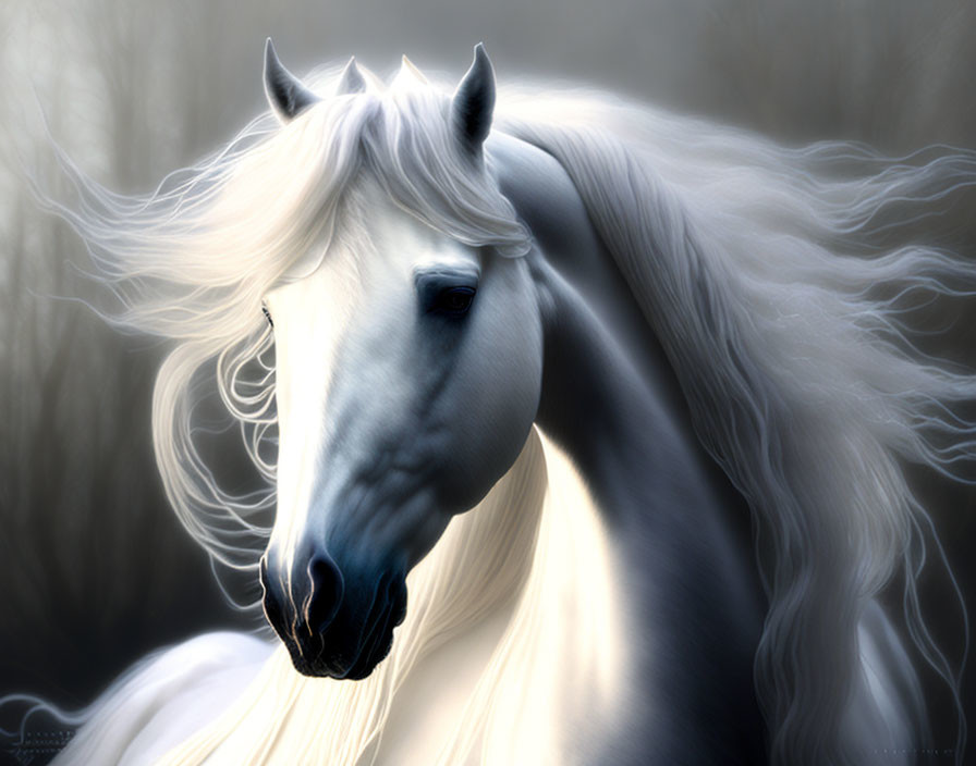 Ethereal white horse with flowing mane in soft focus background