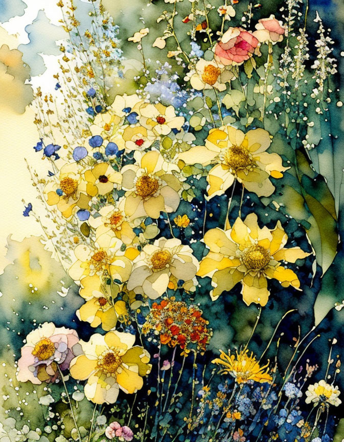 Vibrant watercolor painting of a garden with yellow, pink, and blue flowers