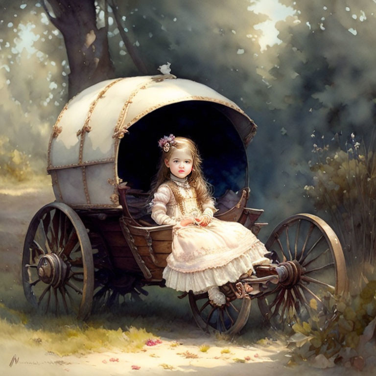 Young girl in vintage dress inside covered wooden cart in serene forested backdrop