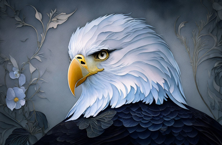 Detailed Bald Eagle Illustration with Yellow Beak and Eyes