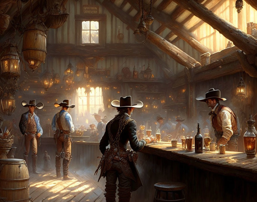 Cowboys in hats inside a rustic saloon with wooden beams and hanging lanterns under sunlight.