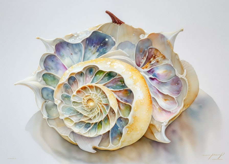 Nautilus Shell Watercolor Painting with Rich Iridescent Hues