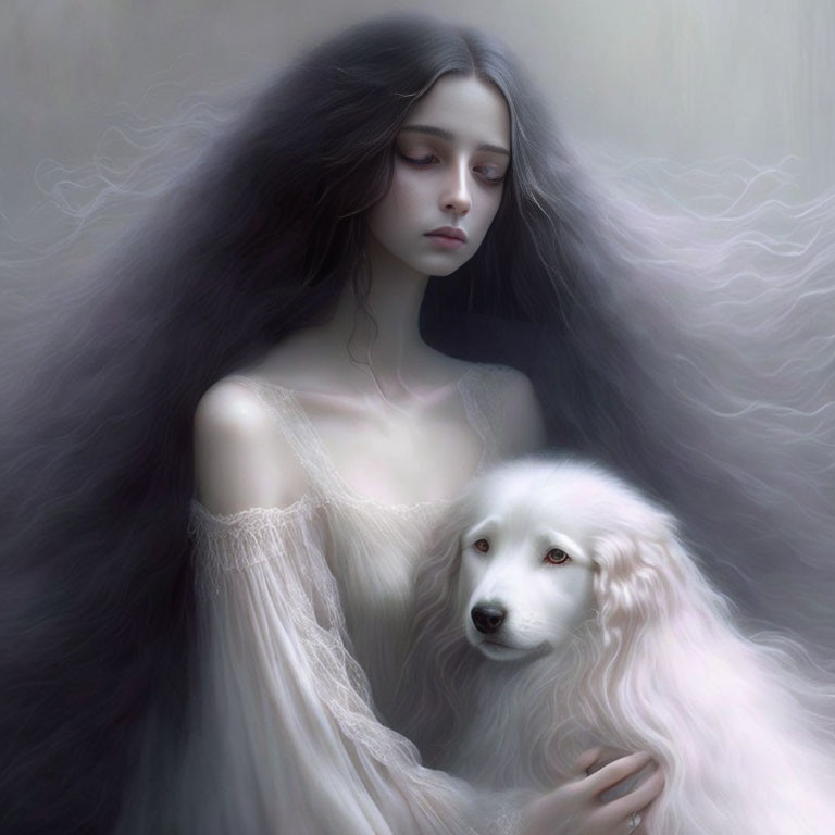 Pale woman in white dress embraces white dog in misty setting