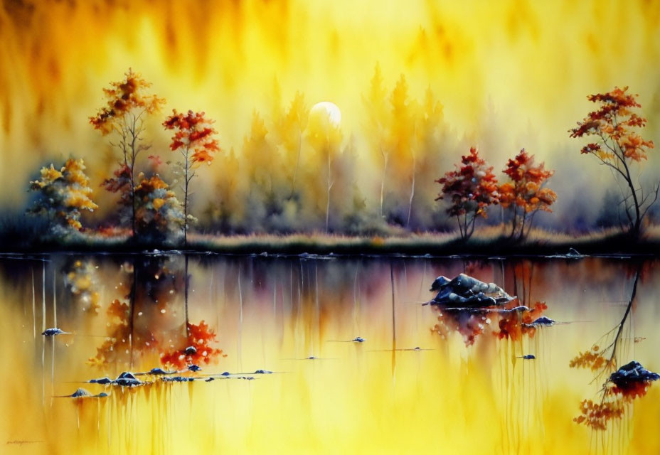 Serene autumn landscape with colorful trees, lake, and sunset