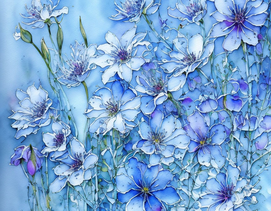 Blue and White Flowers with Purple Accents in Watercolor Style