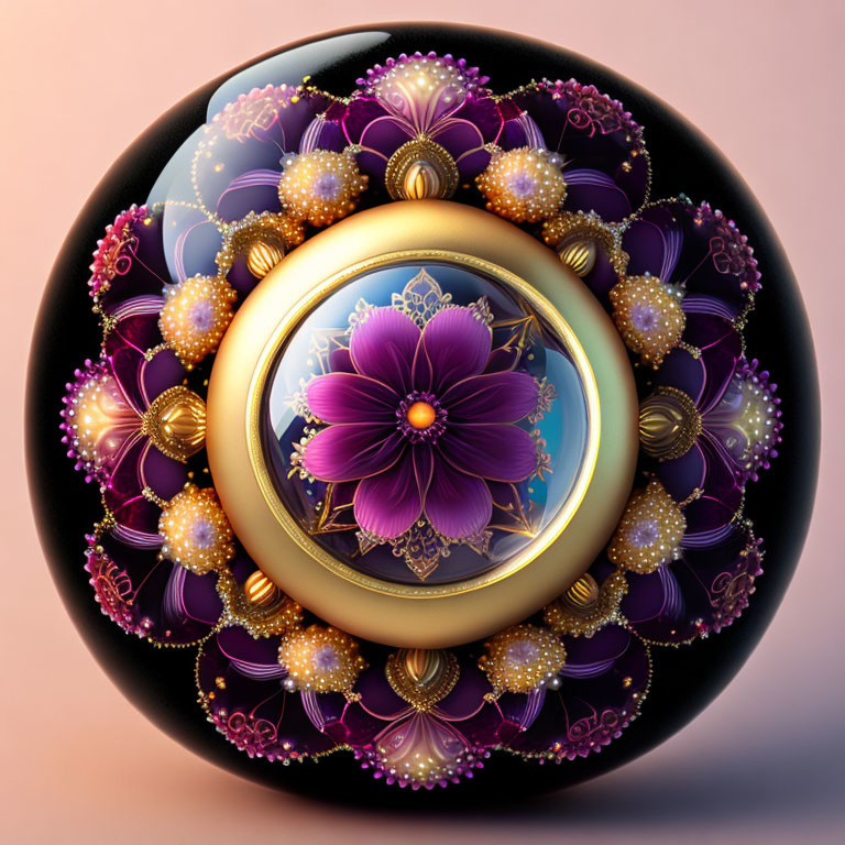 Symmetrical ornate floral design with central purple flower and gold patterns on pastel background