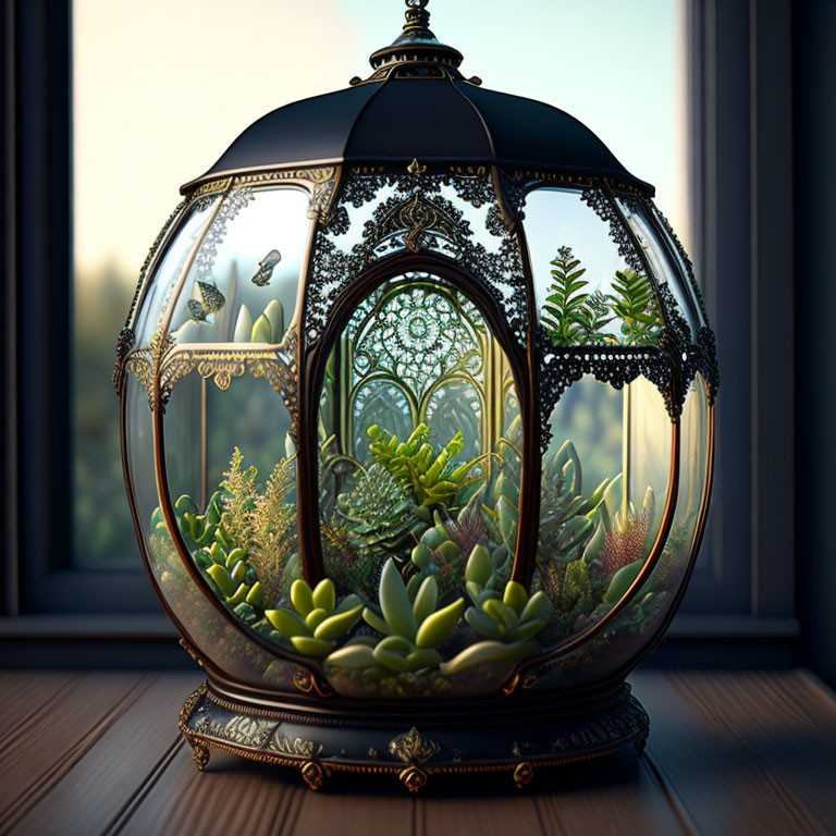 Elaborate terrarium with lush succulents, butterfly, and intricate metalwork.