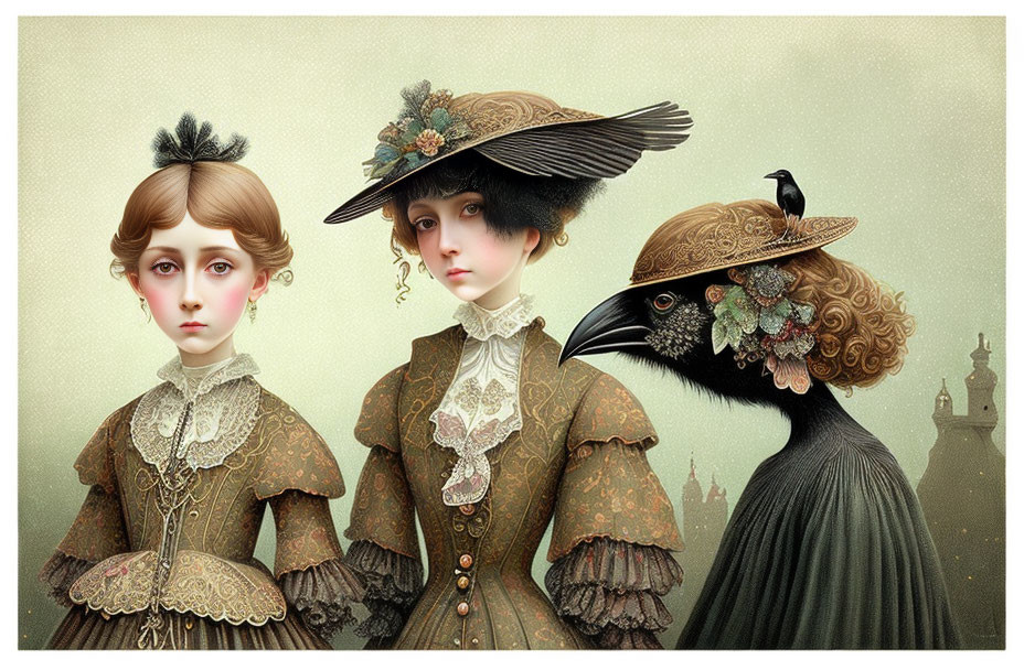 Victorian-era styled figures with human-to-bird transformation in ornate clothing