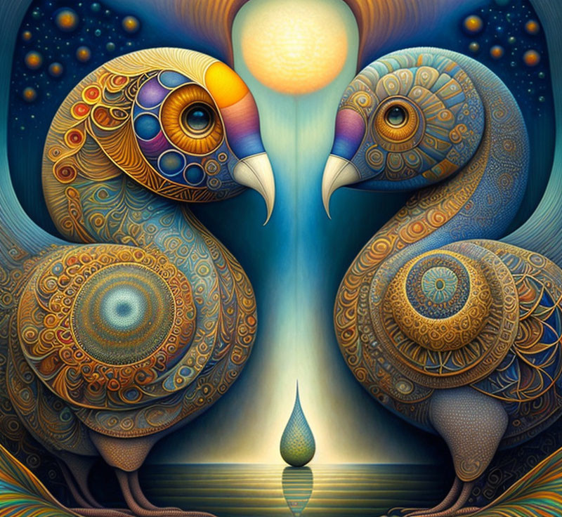 Stylized peacocks with intricate patterns and shared plumage around glowing orb