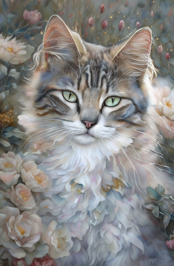 Realistic painting of fluffy tabby cat with green eyes in pastel flower background