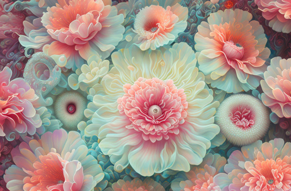 Colorful digital artwork: Layered pink, coral, and teal stylized flowers in dreamlike underwater