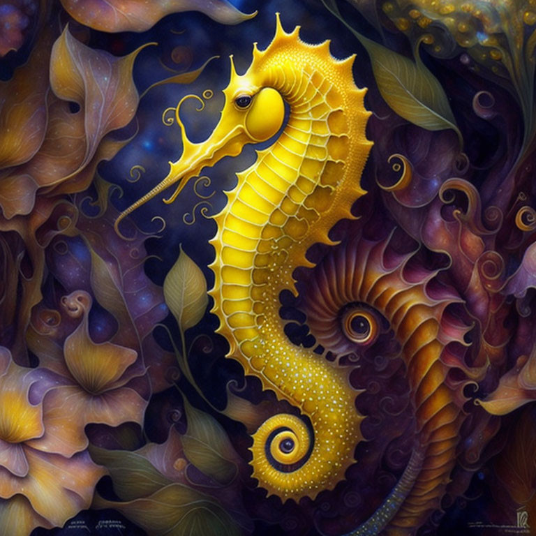 Colorful Yellow Seahorse Surrounded by Vibrant Sea Flora