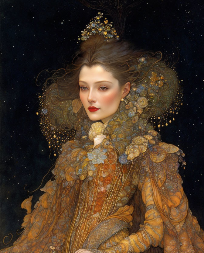 Golden Attired Woman in Luminescent Hair on Starry Night Sky