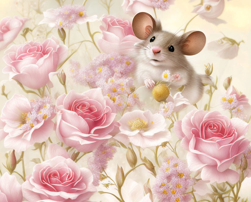 Illustration of cute mouse with golden bauble in pink rose garden