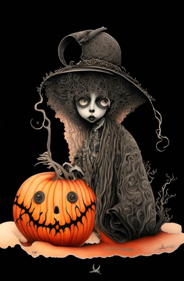 Gothic-style pale figure in witch's hat with jack-o'-lantern