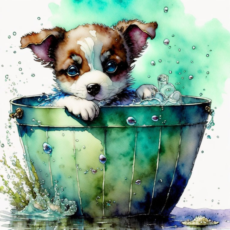 Brown and White Puppy in Green Tub with Water Splash