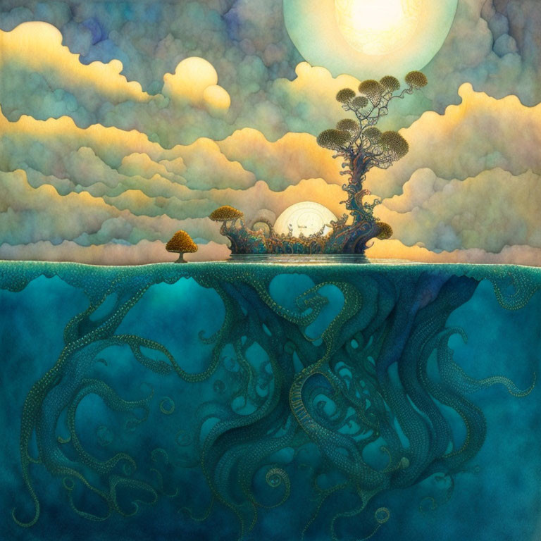 Illustration of tree on underwater octopus with sun and clouds reflection