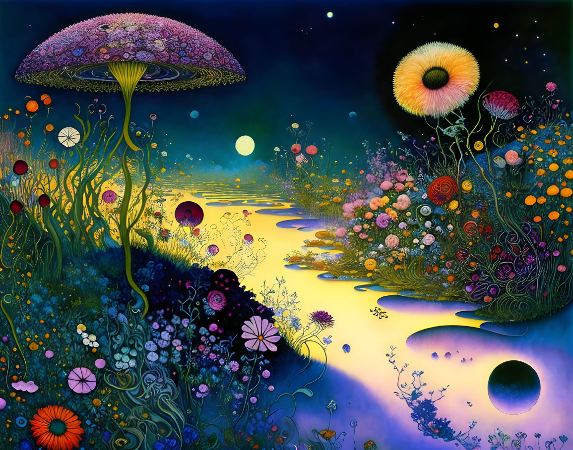 Colorful oversized flowers in fantastical landscape under starry sky with planets and moons.