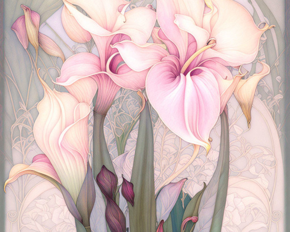 Soft Pink Calla Lilies Illustration with Delicate Shading and Floral Patterns