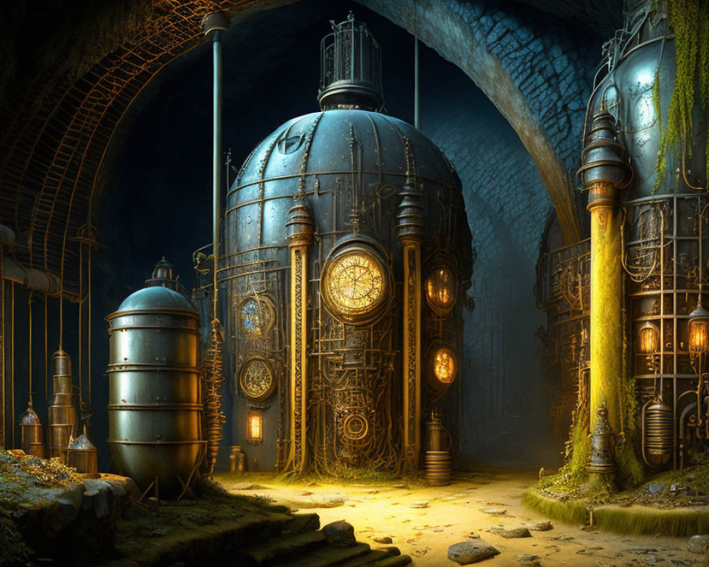 Steampunk-style underground chamber with glowing clocks and machinery