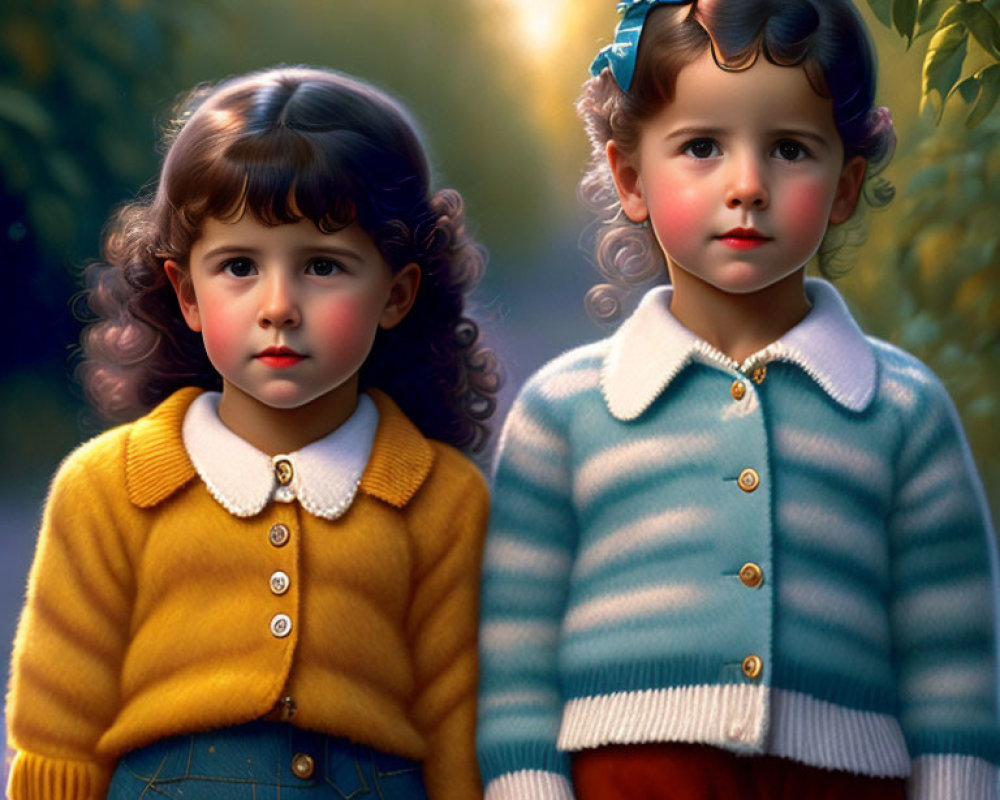 Curly-haired children in yellow and blue cardigans against soft-focused background