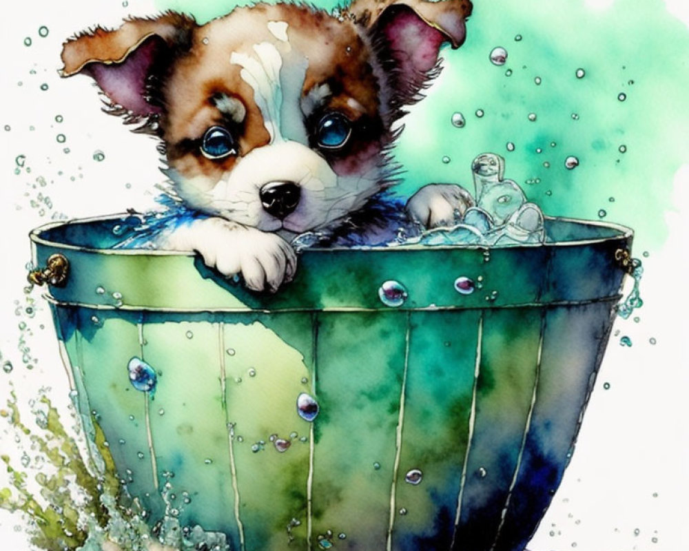 Brown and White Puppy in Green Tub with Water Splash