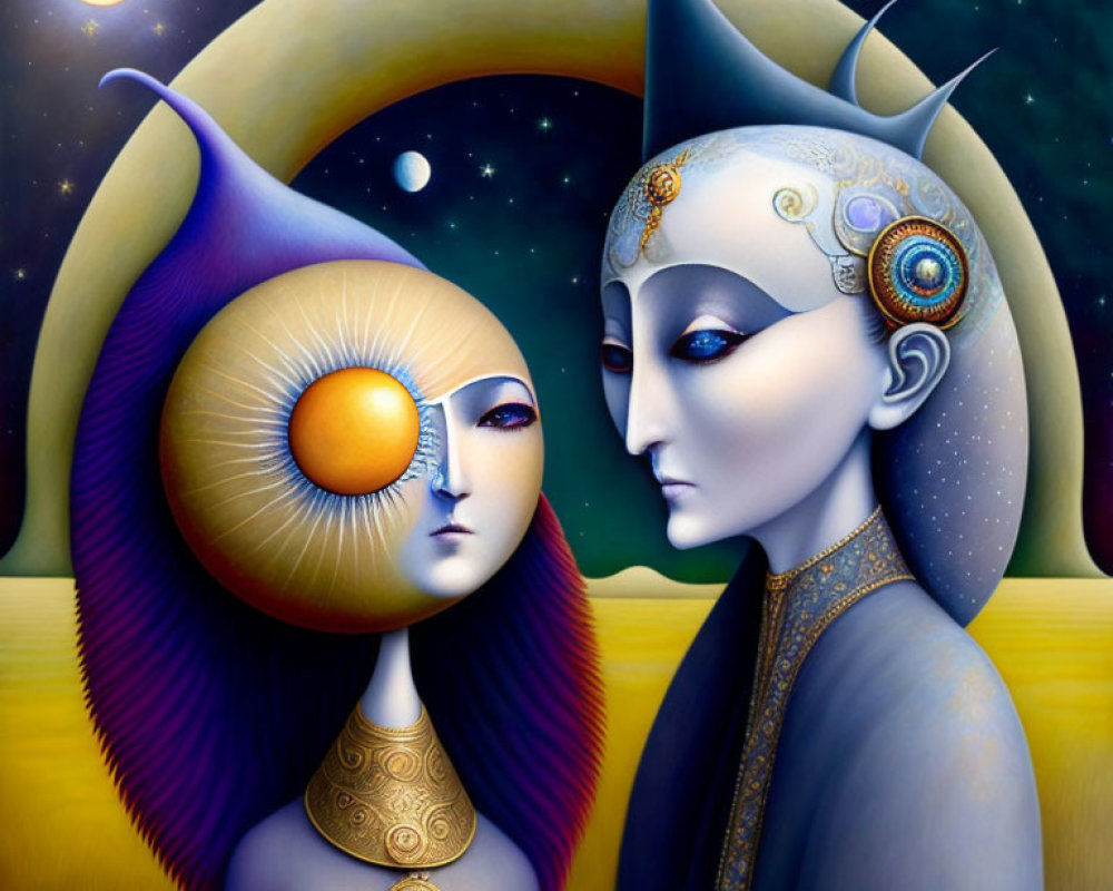 Celestial humanoid figures in surreal artwork with sun and moon motifs