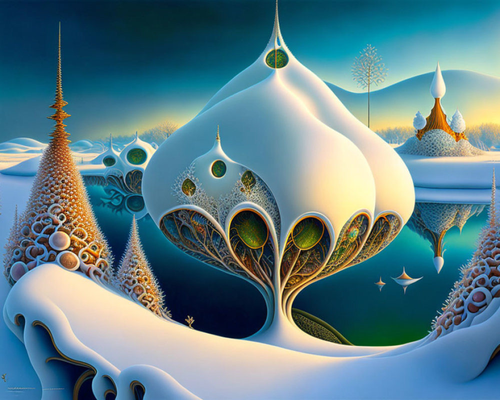 Surreal Landscape with Dome-Shaped Structures and Floating Elements