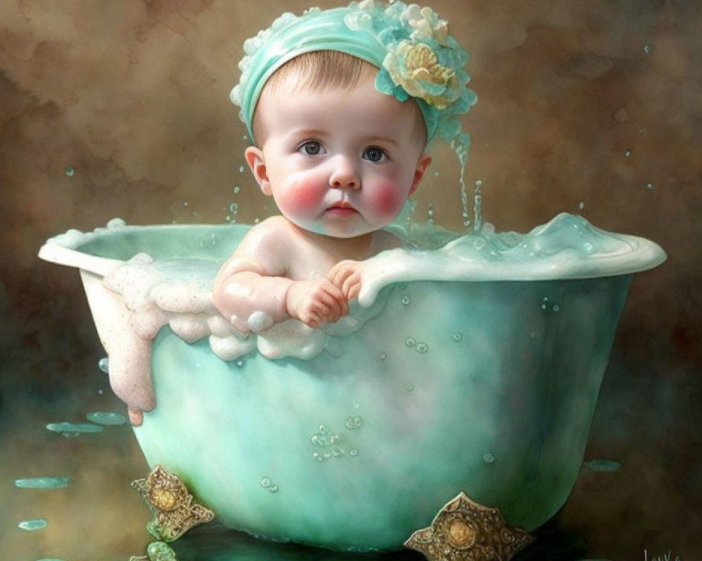 Charming Baby Illustration in Vintage Bathtub with Big Eyes