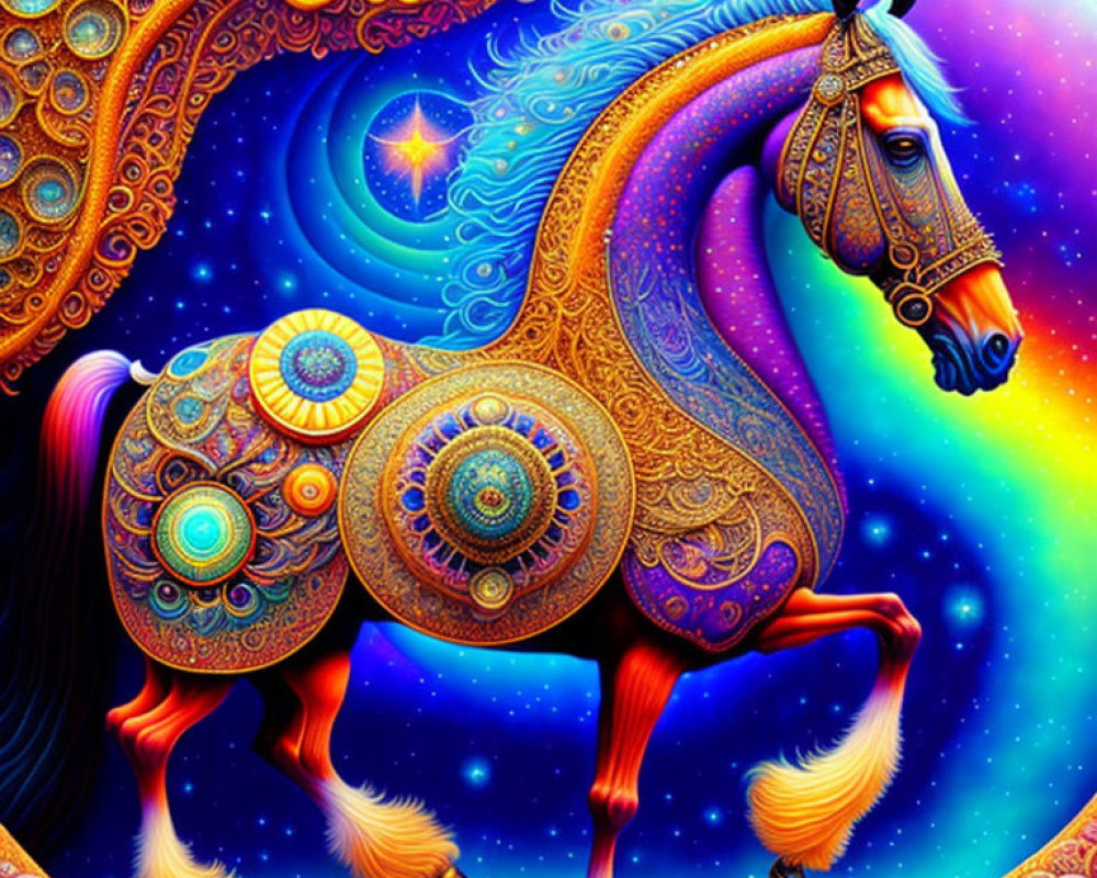 Colorful Psychedelic Horse Artwork with Cosmic Background