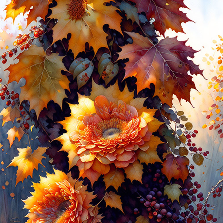 Vibrant autumnal floral arrangement with orange flowers, variegated leaves, and small berries in