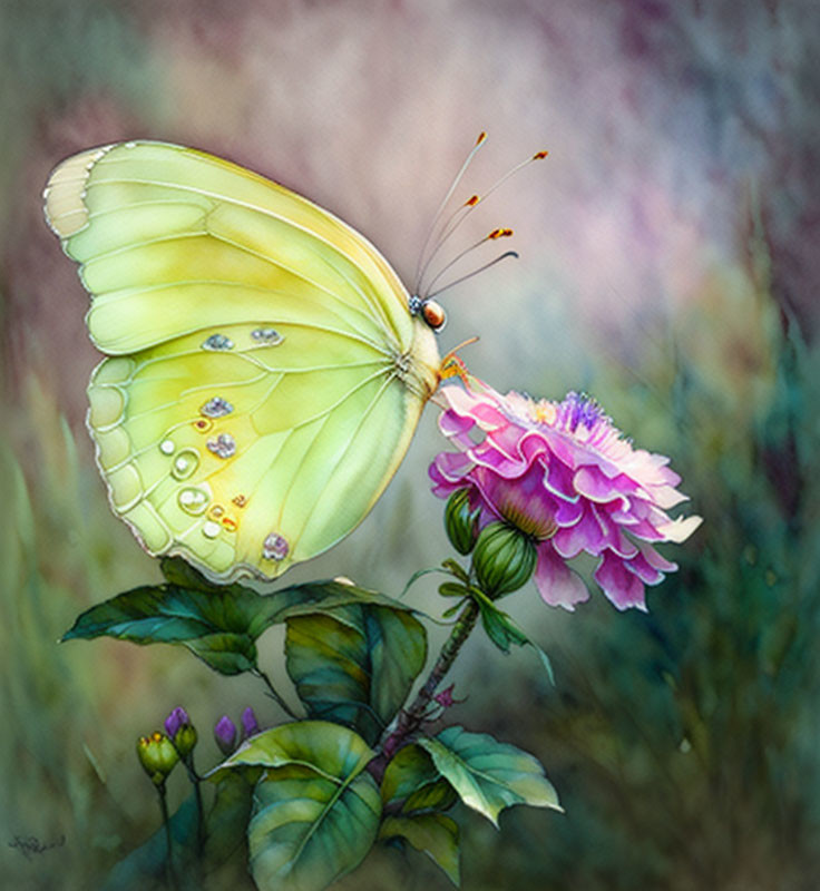 Yellow Butterfly Resting on Pink Flower in Watercolor Art