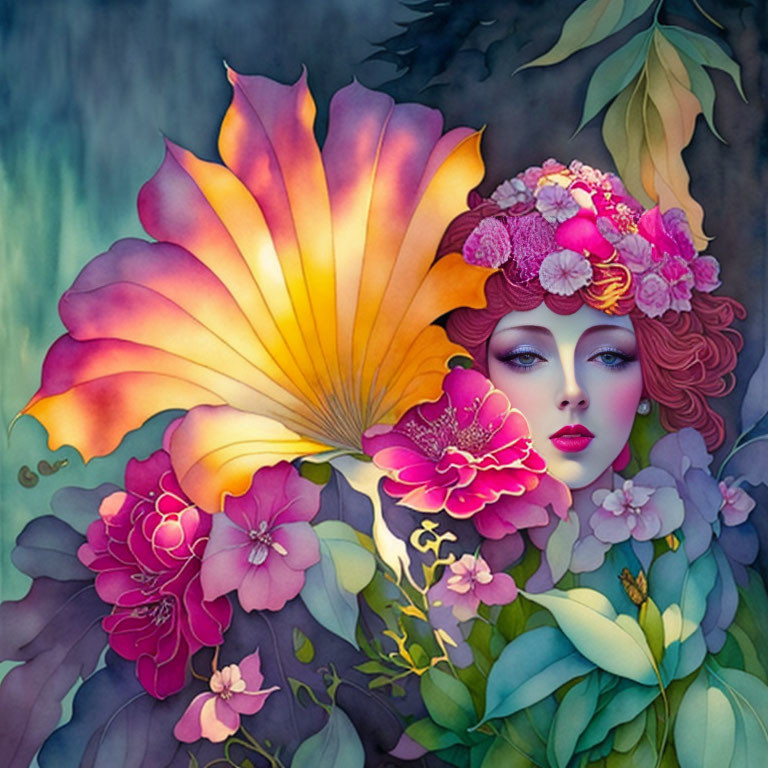 Vivid floral woman's face illustration with fantasy theme