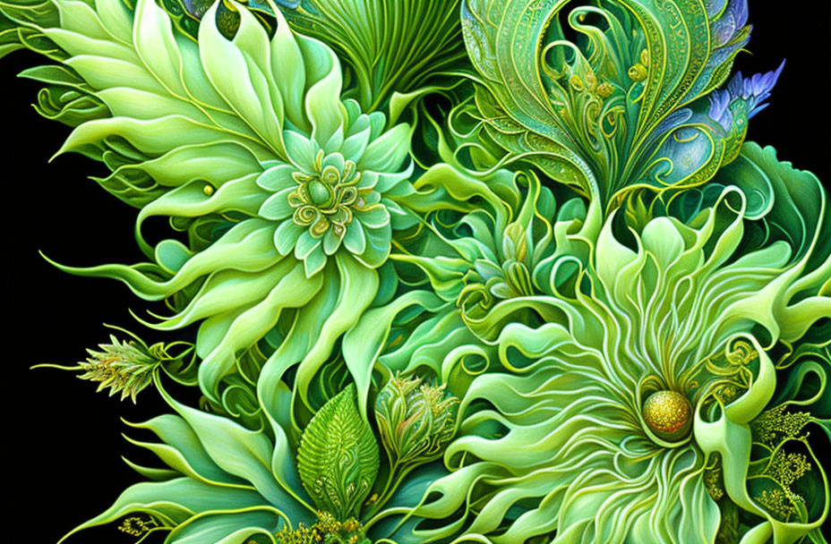 Colorful digital artwork featuring stylized green flora with intricate patterns and fantastical elements