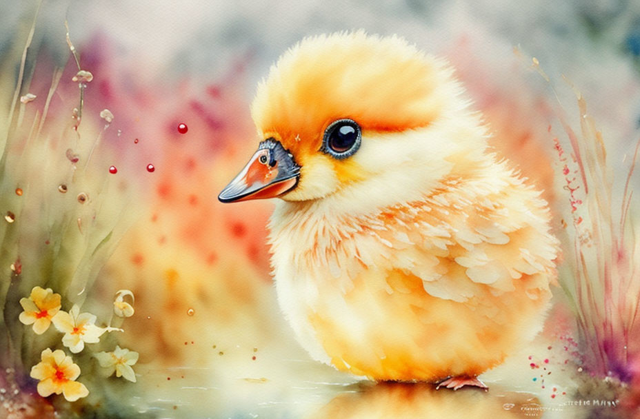 Fluffy Yellow Chick in Colorful Impressionistic Setting