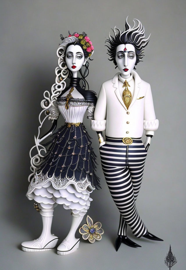 Stylized gothic dolls in elaborate black and white costumes