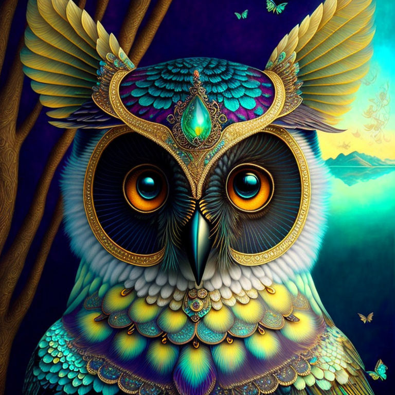 Colorful Owl Illustration with Brown Eyes and Feathers