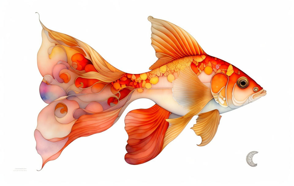 Vibrant goldfish with elongated fins in shades of orange on pale backdrop